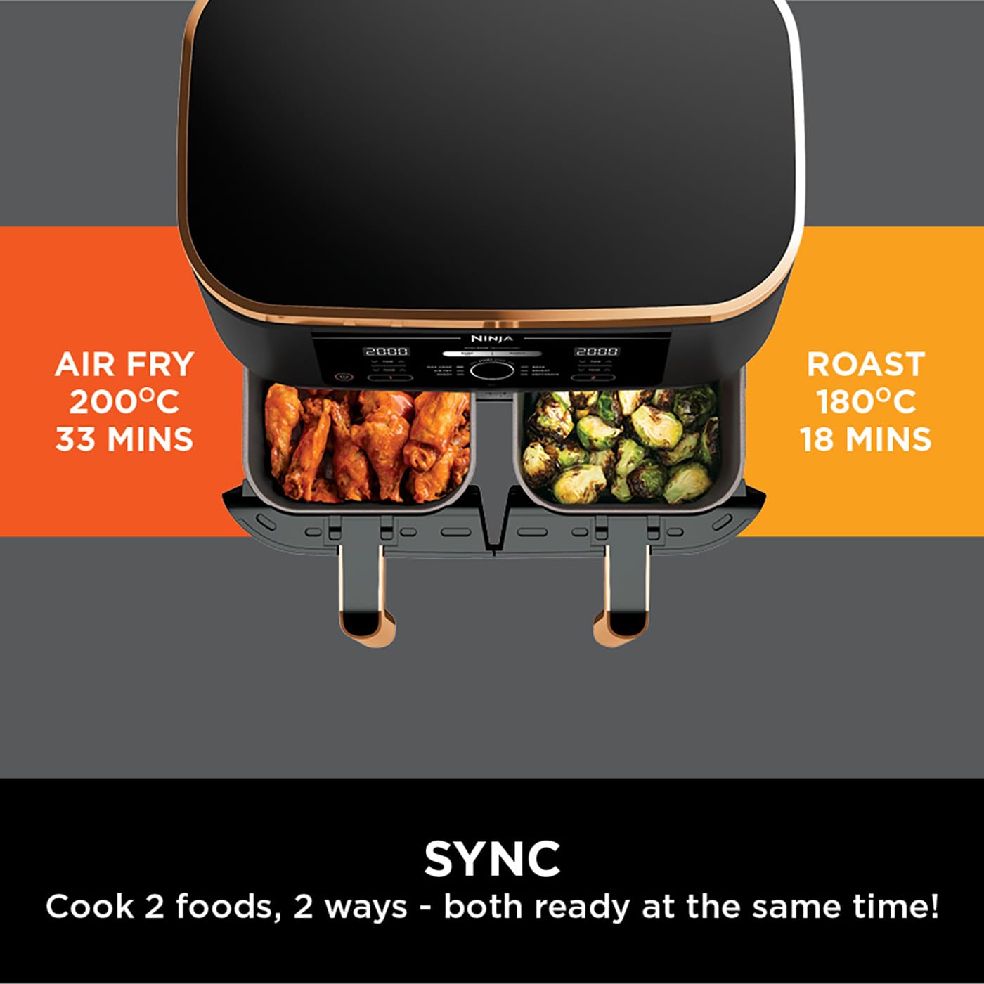 Ninja Foodi MAX Dual Zone Air Fryer, Amazon Exclusive, Tongs, 2 Drawers, 9.5L, 6-in-1, Use No Oil, Air Fry, Max Crisp, Roast, Bake, 8 Portions, Nonstick Dishwasher Safe Baskets, Copper/Black AF400UKCP