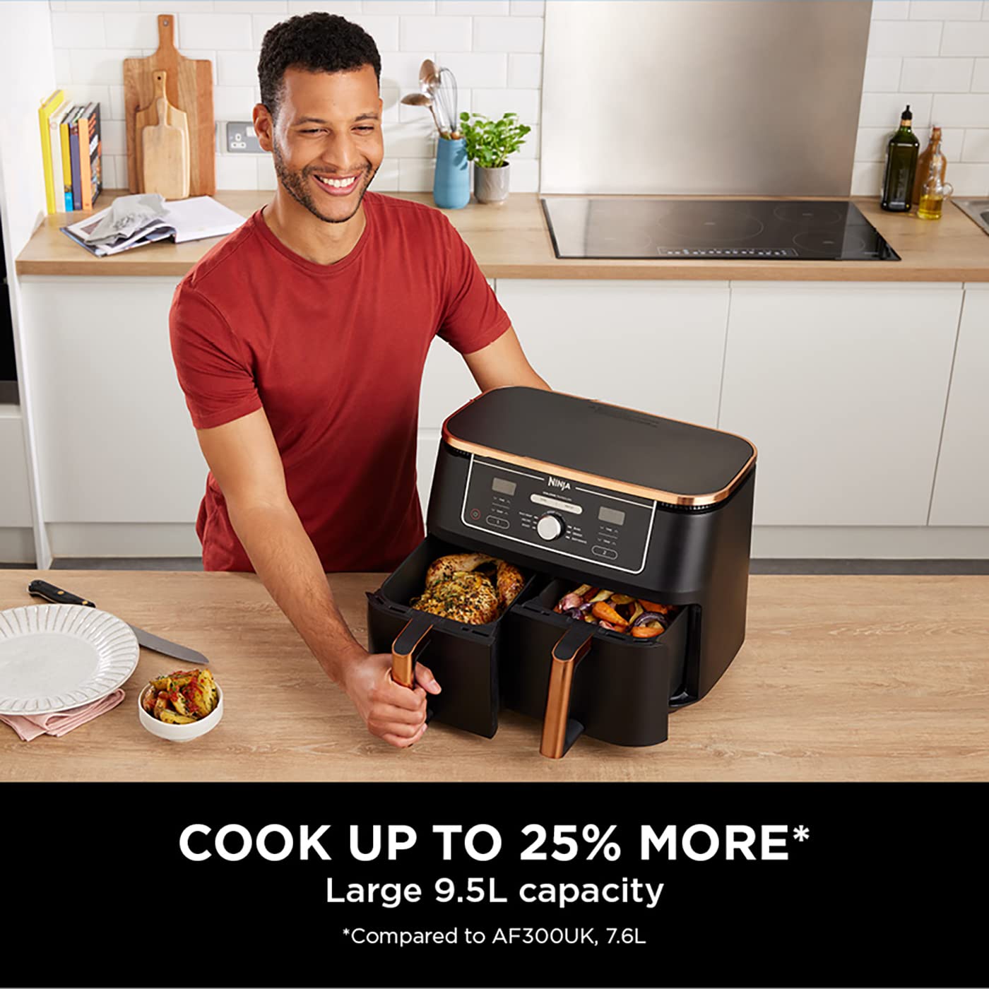 Ninja Foodi MAX Dual Zone Air Fryer, Amazon Exclusive, Tongs, 2 Drawers, 9.5L, 6-in-1, Use No Oil, Air Fry, Max Crisp, Roast, Bake, 8 Portions, Nonstick Dishwasher Safe Baskets, Copper/Black AF400UKCP