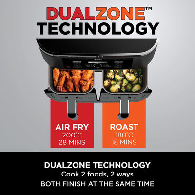 Ninja Foodi Dual Zone Digital Air Fryer, 2 Drawers, 7.6L, 6-in-1, Uses No Oil, Air Fry, Max Crisp, Roast, Bake, Reheat, Dehydrate, Cooks 4-6 Portions, Non-Stick, Dishwasher Safe Baskets, Black AF300UK